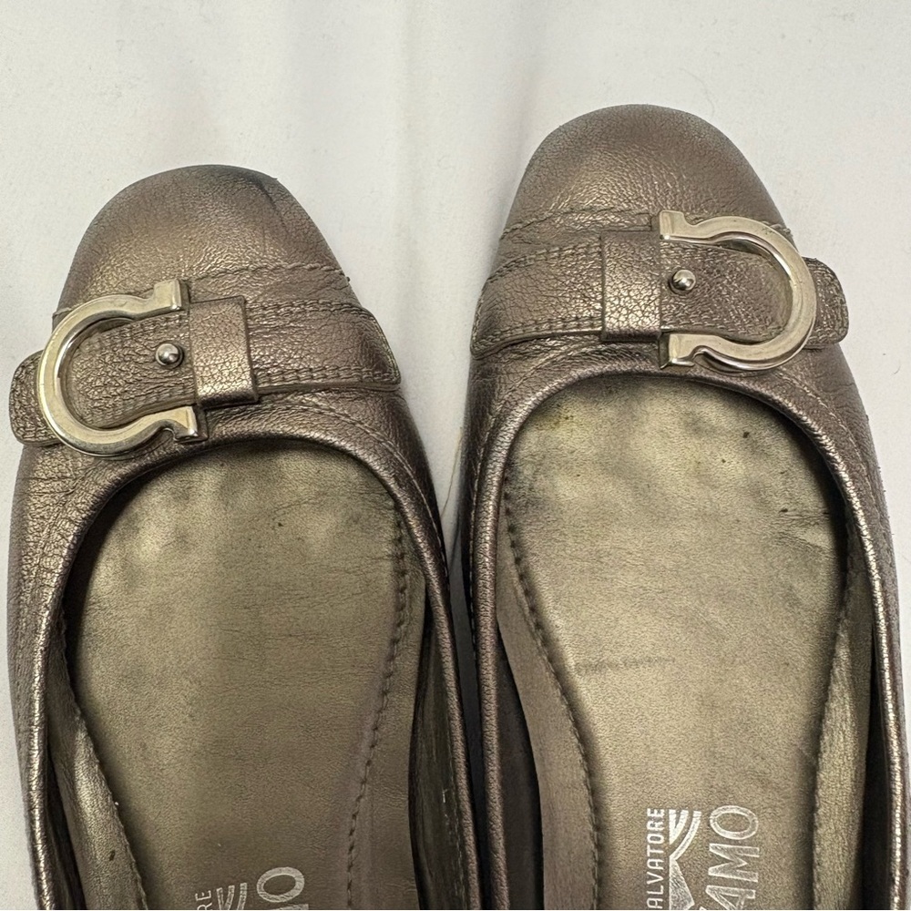 Salvatore Ferragamo Ballet Flats Metallic Bronze Leather US 6.5 Silver Buckle - Picture 14 of 14